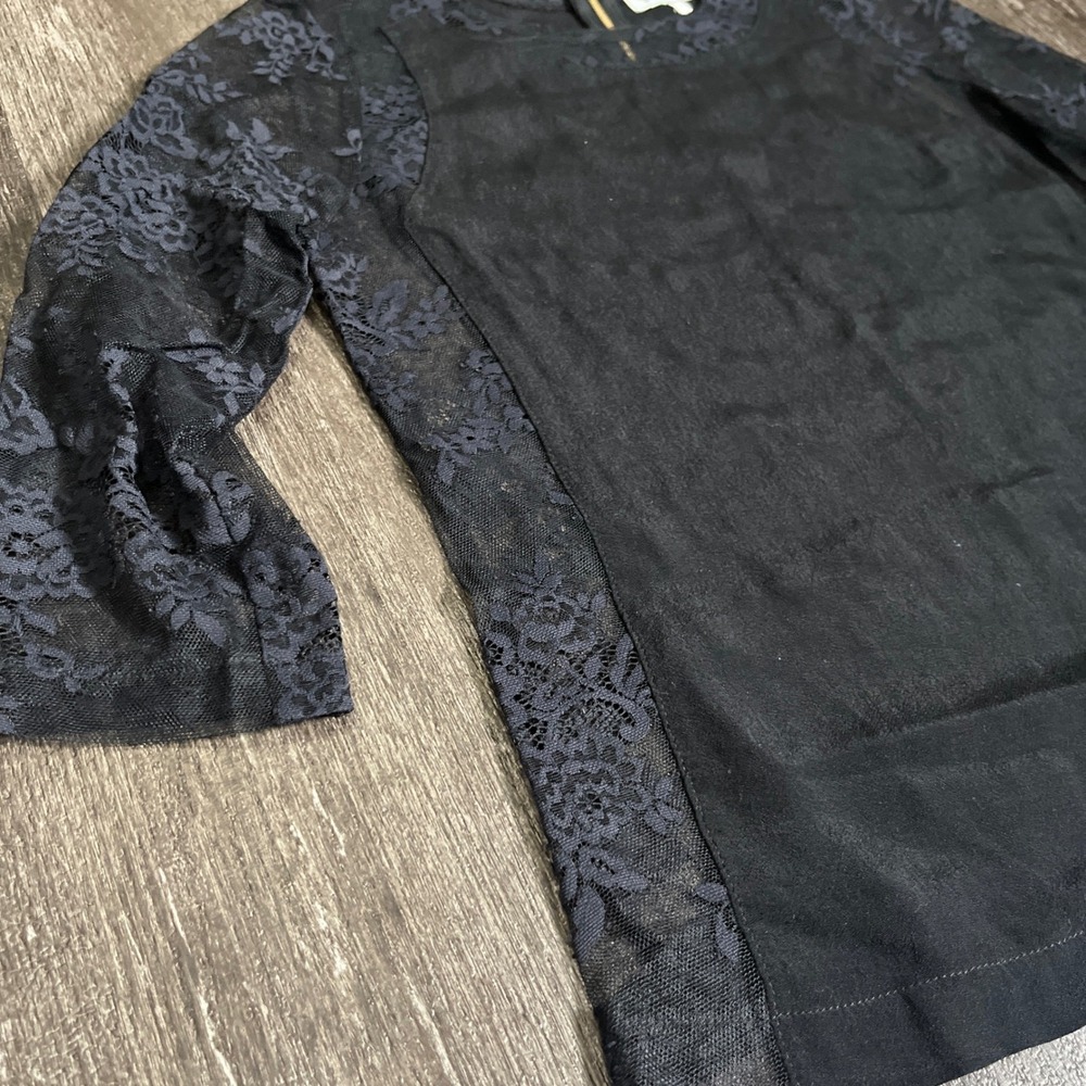 Sandro Paris Black Lace‎ Trim 3/4 Sleeve Top Blouse Elegant Chic Size 1 US 4 - Picture 2 of 7